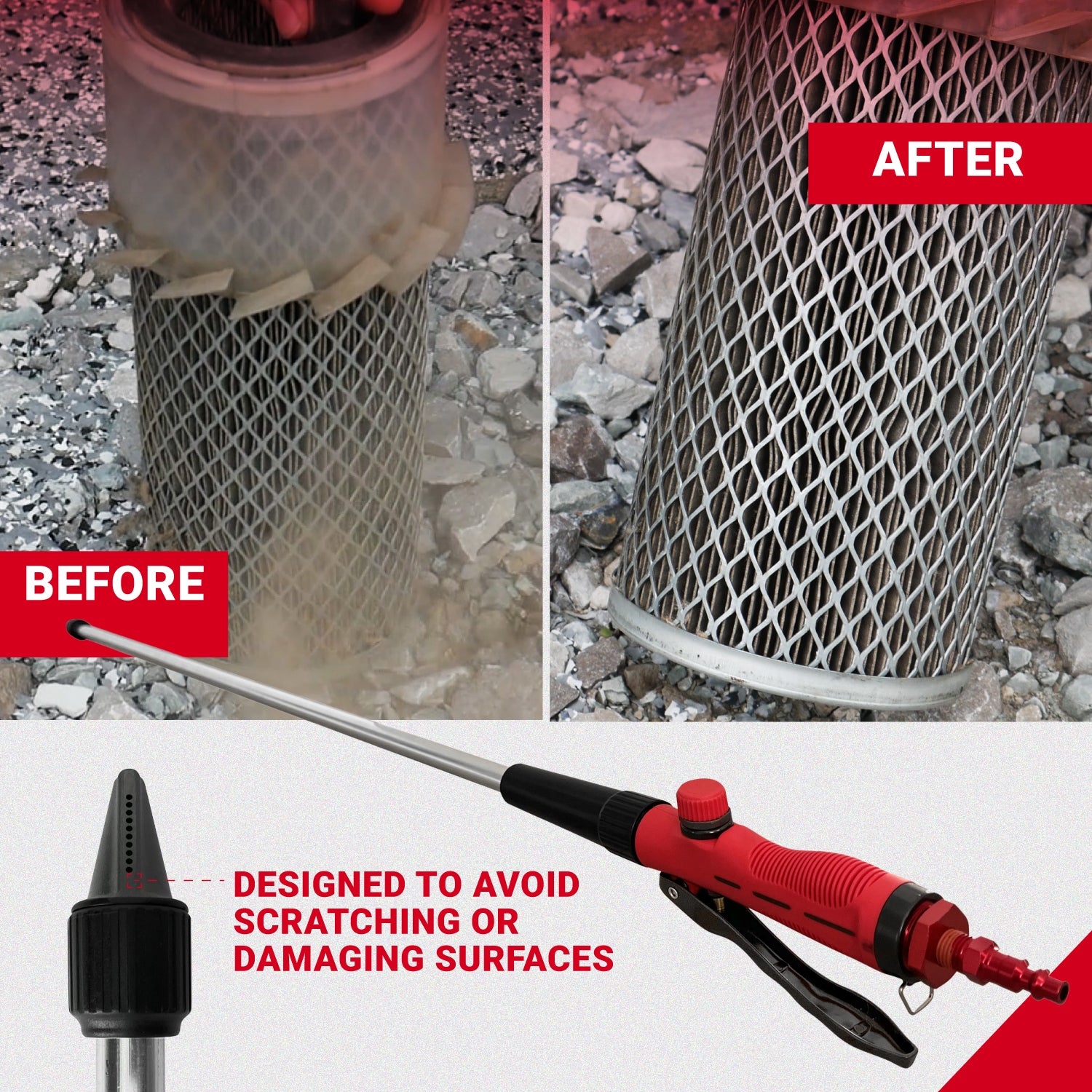 Water and Air Industrial Power Wand, filter cleaning, damage protection